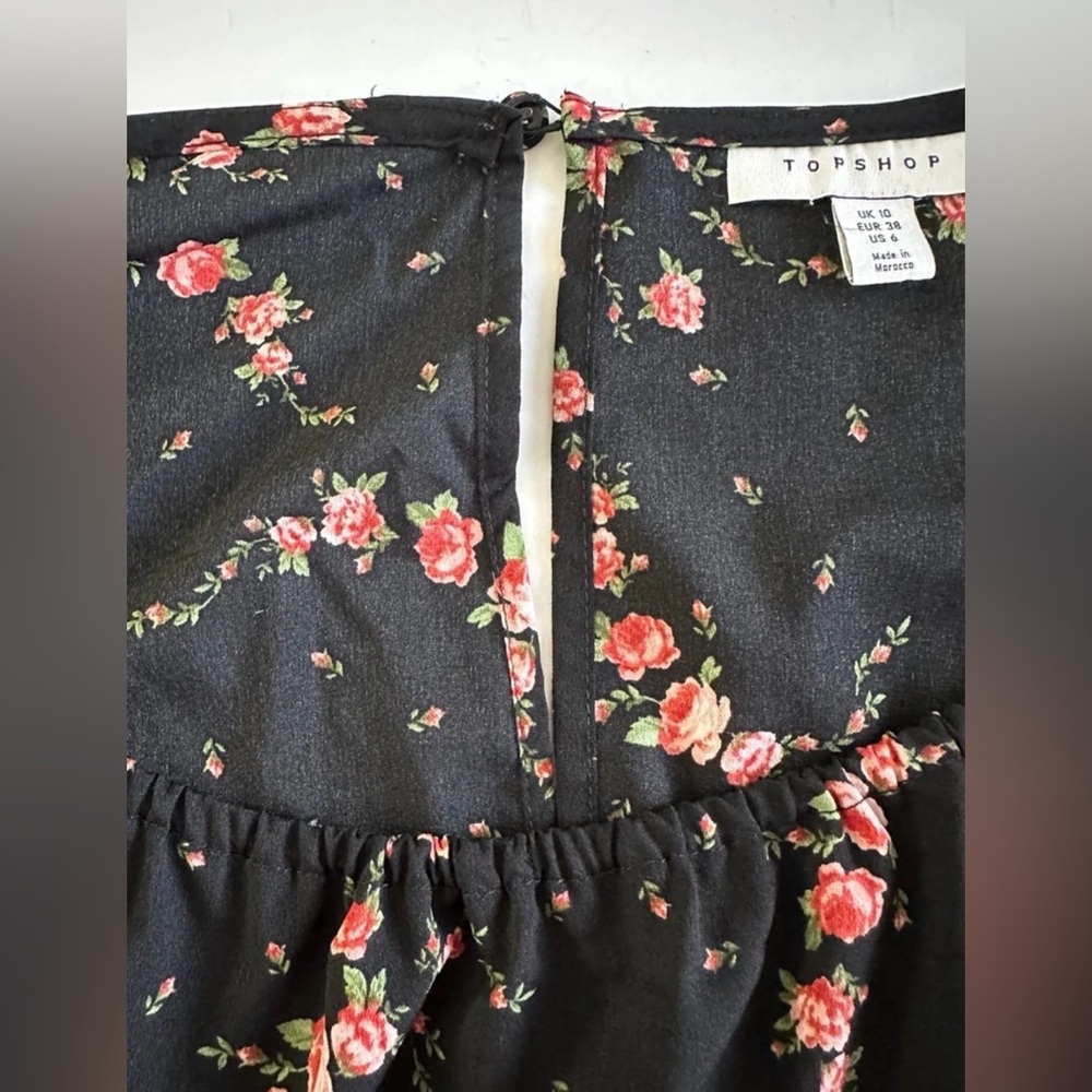 Topshop Black Floral Pink Ruched Long Sleeve Mini Dress size 6 - Picture 6 of 10